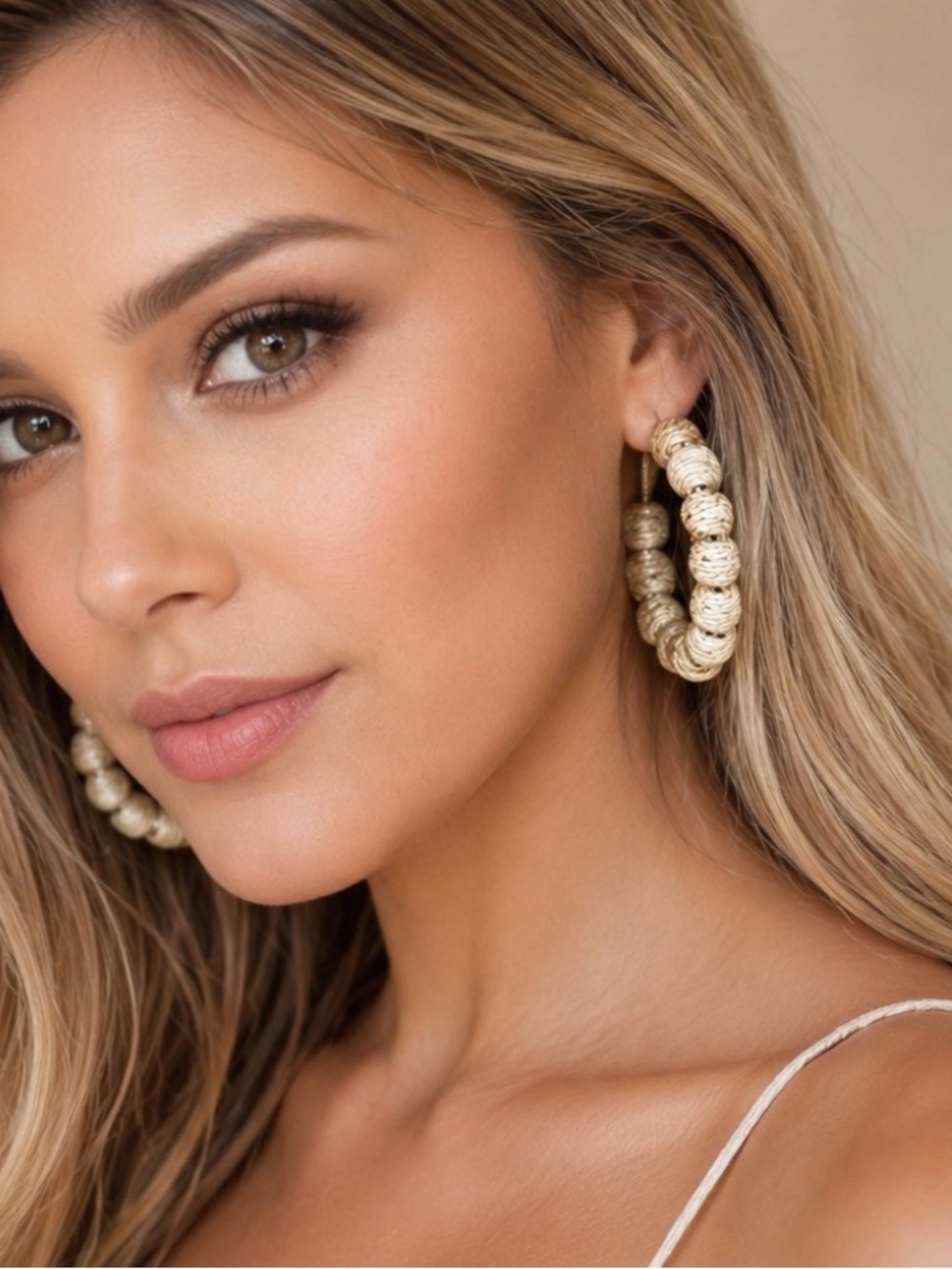 Tan Open Hoop Woven Earring